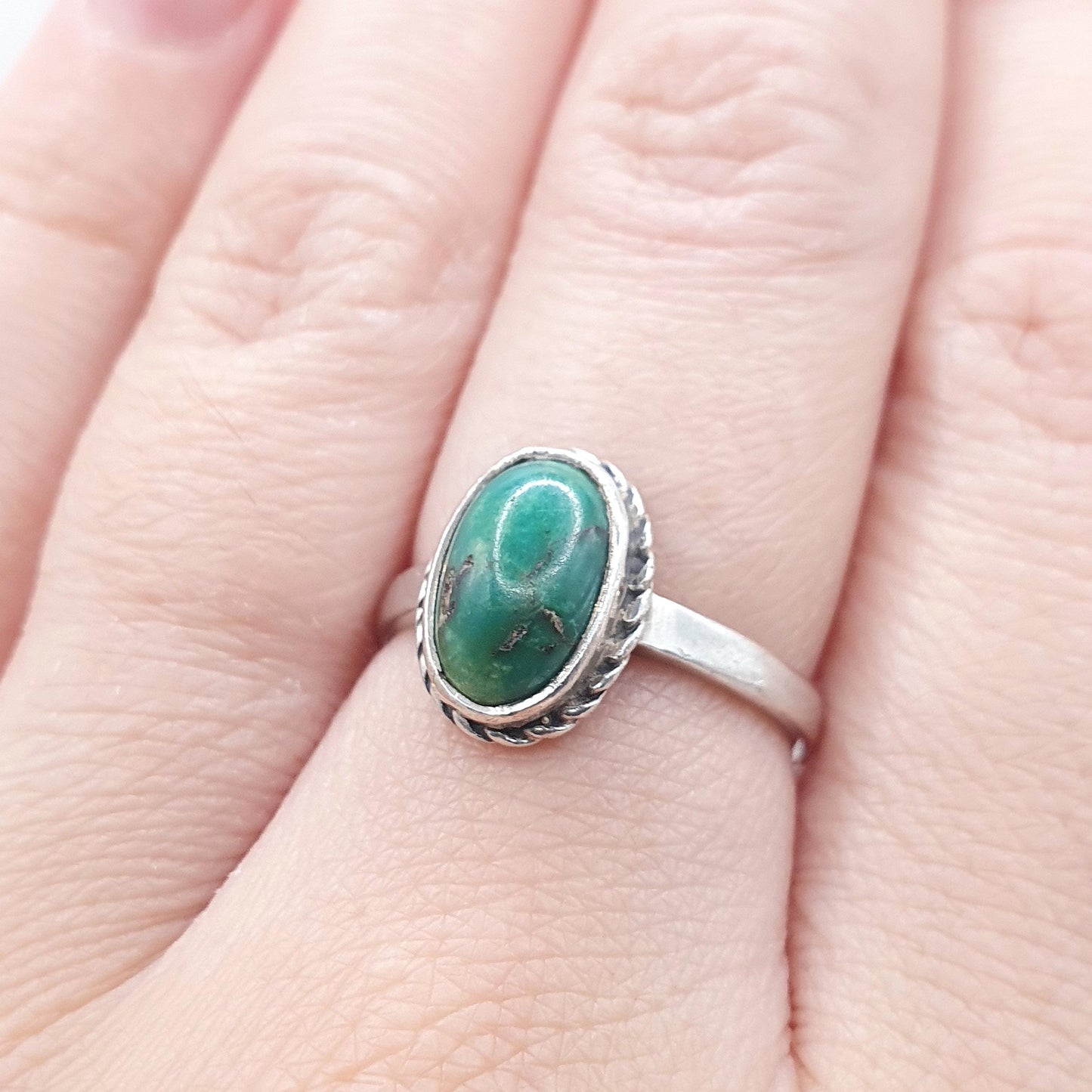 Old Vintage Solid Silver Turquoise Ring Natural Gemstone Matrix Cyan Womens Jewelry Retro Jewellery Boho