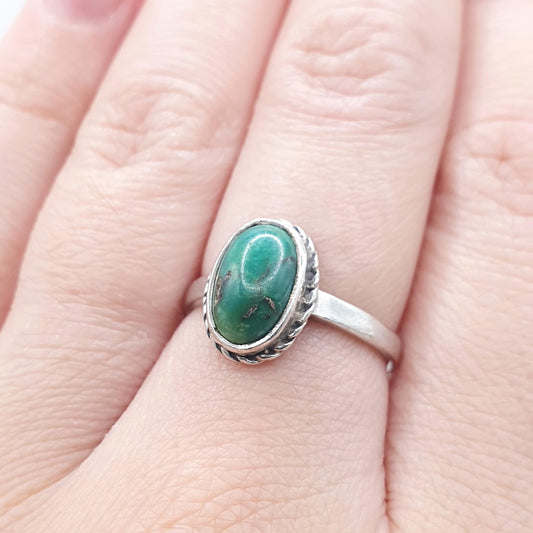 Old Vintage Solid Silver Turquoise Ring Natural Gemstone Matrix Cyan Womens Jewelry Retro Jewellery Boho