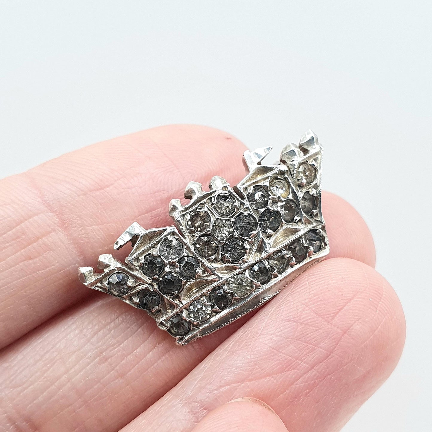 Antique Sterling Silver Crown Brooch Diamond Paste Art Deco Royal Royalty King Queen Mens Womens Jewelry Jewellery