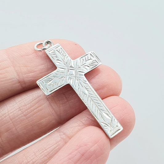 Antique Sterling Silver Crucifix Cross Pendant Engraved Face Catholic Christian Religious  Jewellery Jewelry Vintage Womens Mens