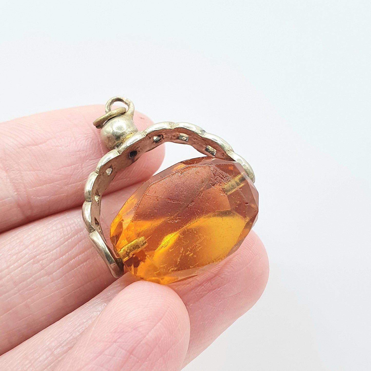 Antique Victorian Citrine Paste Spinner Fob Pendant Curb Link Frame Orange Glass Base Metal Necklace Vintage Men’s Jewellery Jewelry