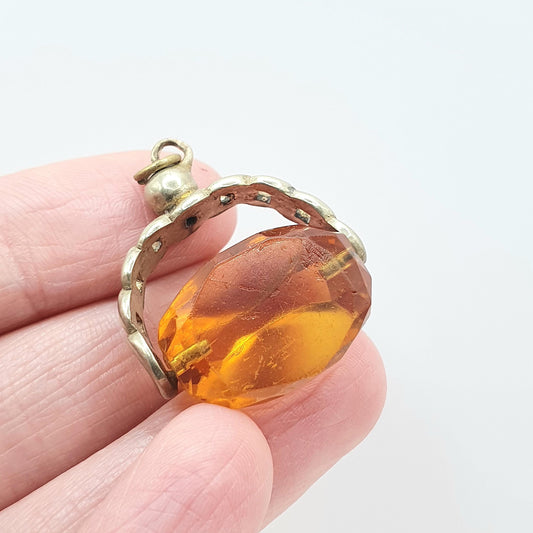 Antique Victorian Citrine Paste Spinner Fob Pendant Curb Link Frame Orange Glass Base Metal Necklace Vintage Men’s Jewellery Jewelry