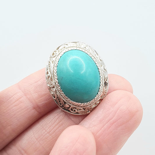 Vintage Solid Silver Turquoise Brooch Chinese Export Origin Filigree Cyan Handmade China Womens Jewelry Jewellery Vintage