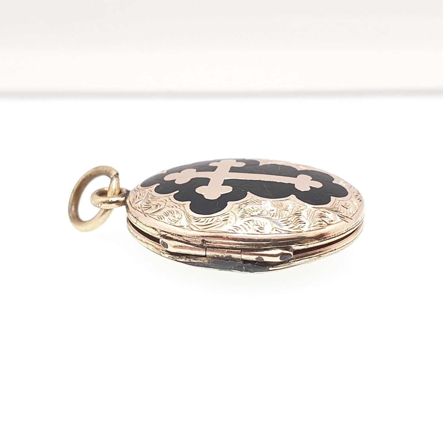 Antique Victorian 9ct 9k Gold Locket Black Enamel Bulbed Crucifix Cross Necklace Pendant Solid Back & Front Picture Womens Jewelry Jewellery