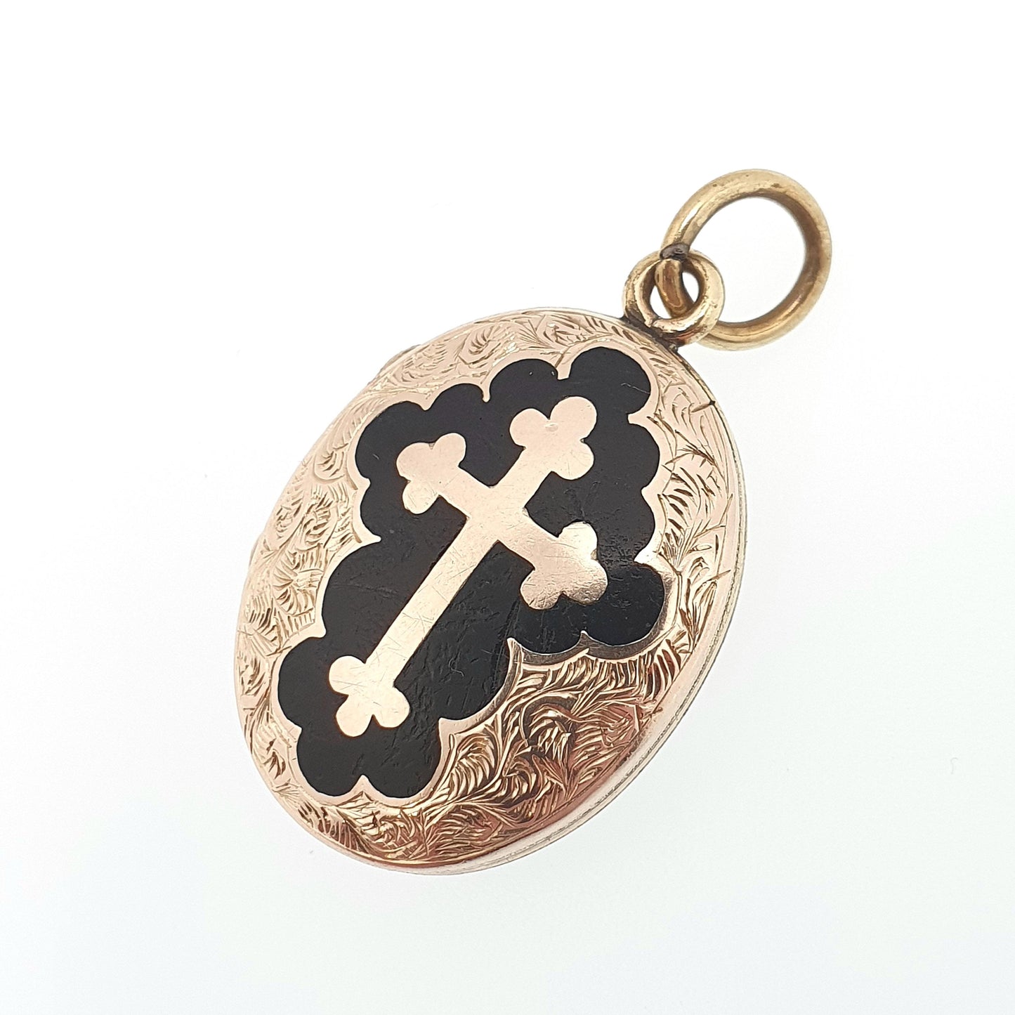 Antique Victorian 9ct 9k Gold Locket Black Enamel Bulbed Crucifix Cross Necklace Pendant Solid Back & Front Picture Womens Jewelry Jewellery