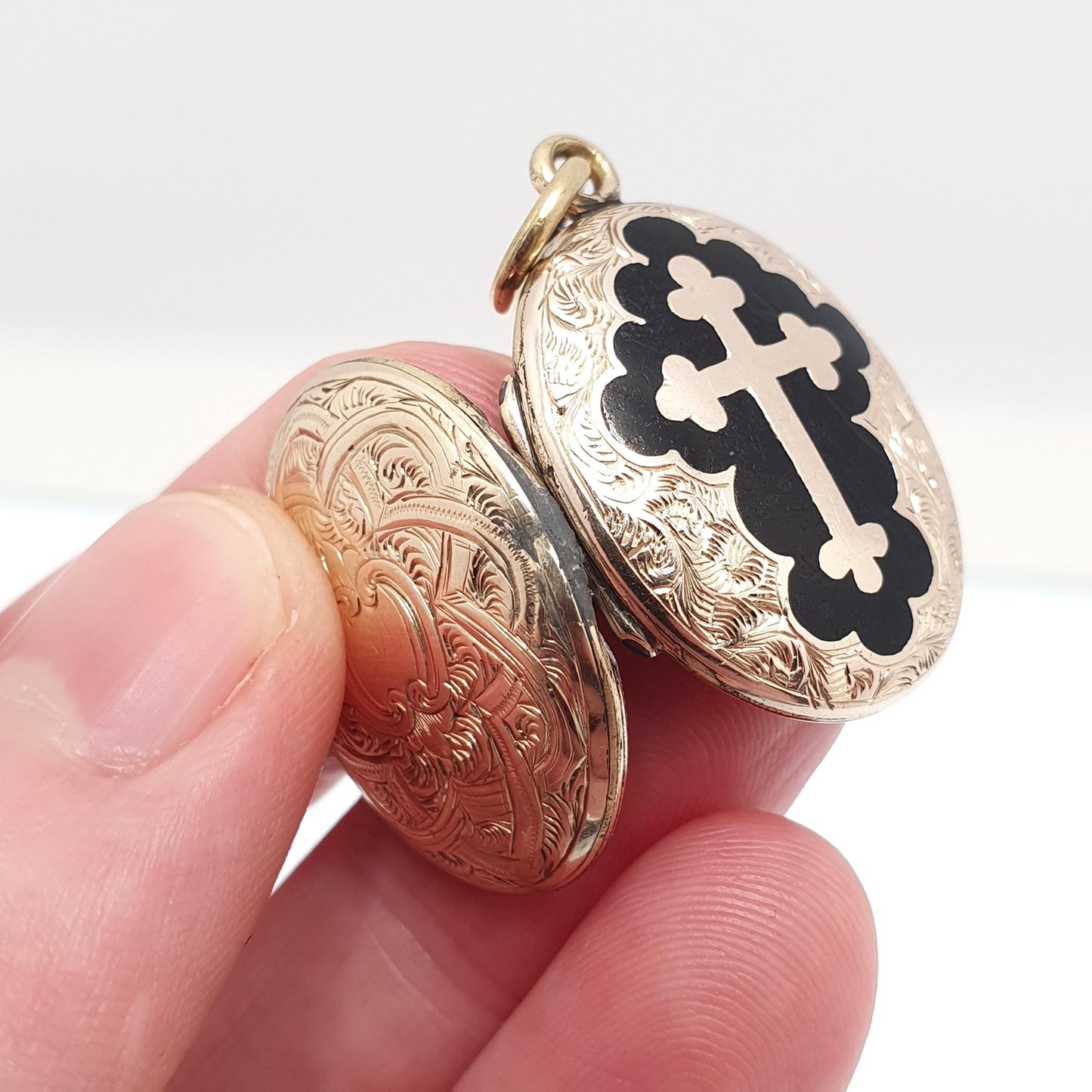 Antique Victorian 9ct 9k Gold Locket Black Enamel Bulbed Crucifix Cross Necklace Pendant Solid Back & Front Picture Womens Jewelry Jewellery