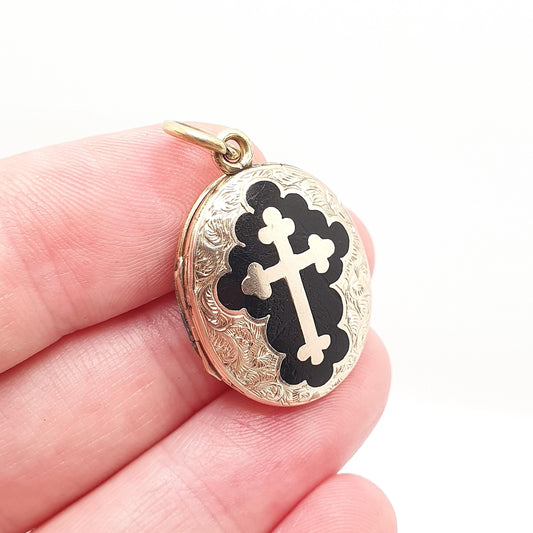 Antique Victorian 9ct 9k Gold Locket Black Enamel Bulbed Crucifix Cross Necklace Pendant Solid Back & Front Picture Womens Jewelry Jewellery