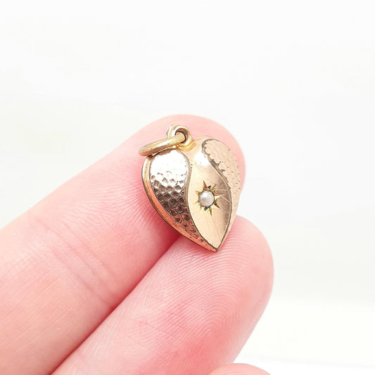 Antique Victorian Rolled Gold Heart Necklace Pendant Charm Puffer Faux Seed Pearl Gold Filled Womens Jewelry Vintage Jewellery