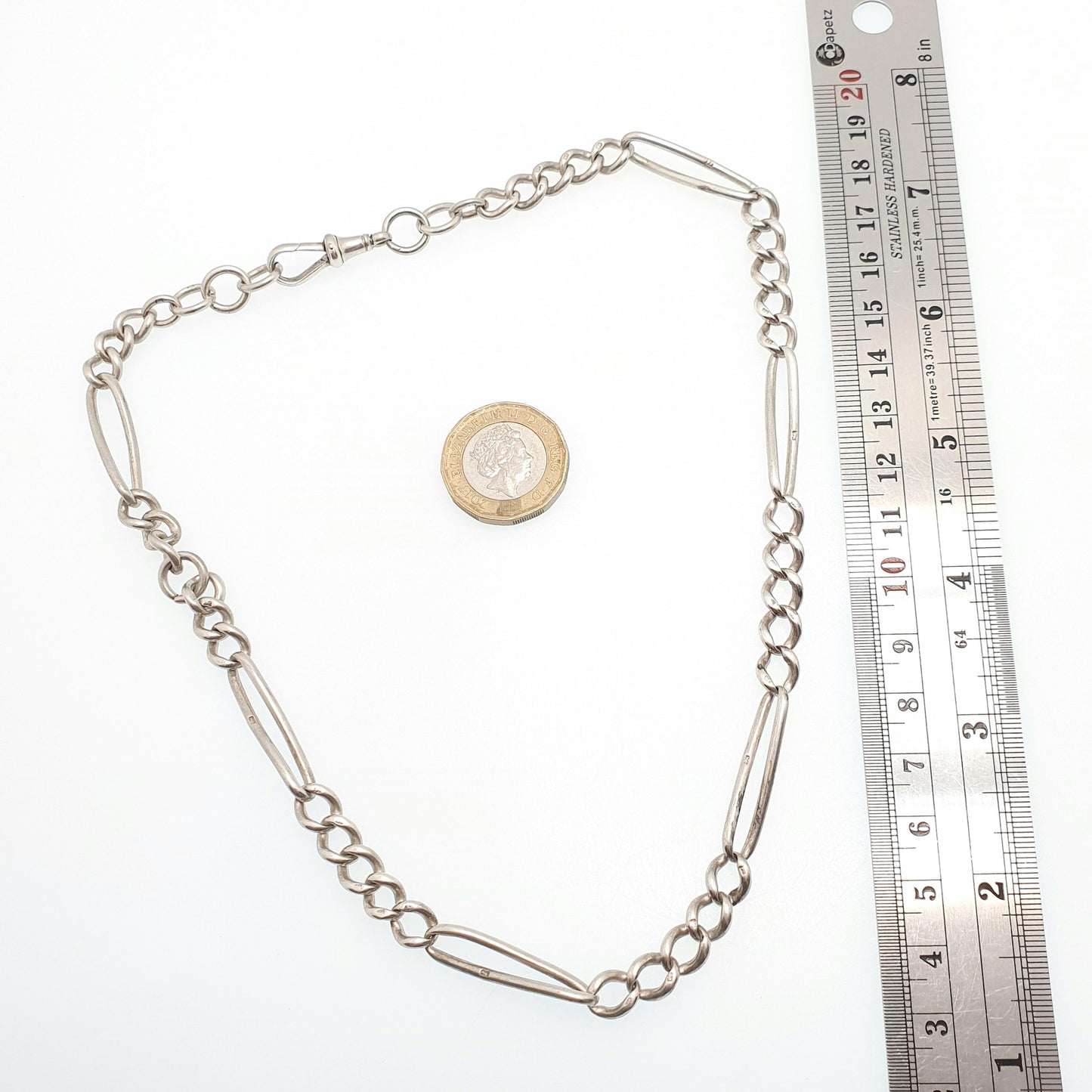 Antique Victorian Sterling Silver Albert Chain Necklace Figaro Curb Link Twisted 45cm 34.49g Dog Clip Long Old Vintage