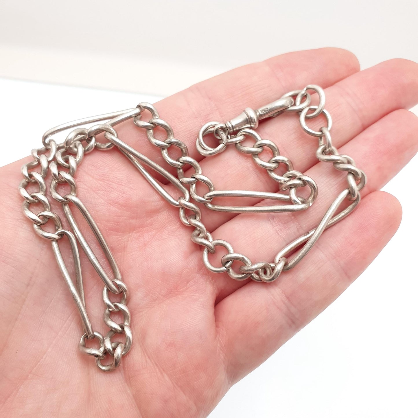 Antique Victorian Sterling Silver Albert Chain Necklace Figaro Curb Link Twisted 45cm 34.49g Dog Clip Long Old Vintage