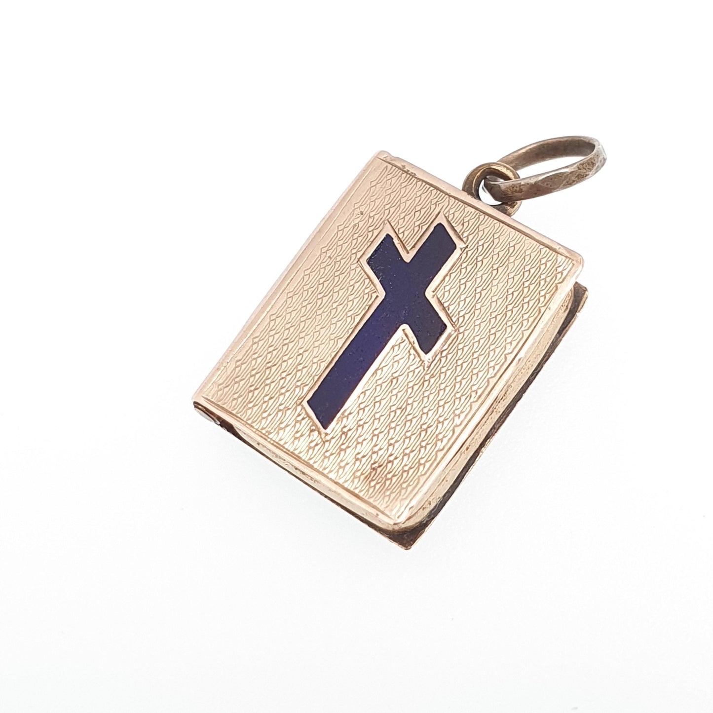 Antique 9ct 9k Gold Book Locket Pendant Victorian Crucifix Blue Enamel Solid 375 Back & Front Picture Photo Vintage Necklace