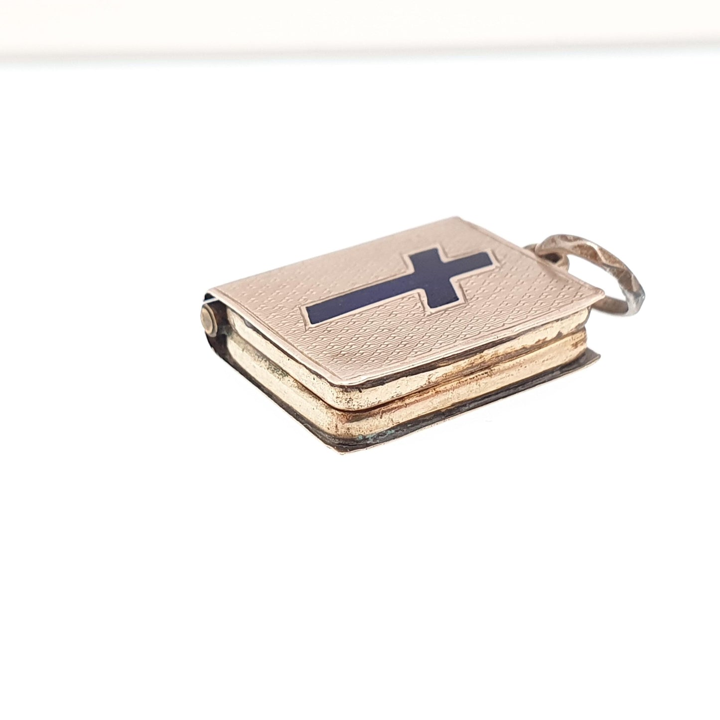 Antique 9ct 9k Gold Book Locket Pendant Victorian Crucifix Blue Enamel Solid 375 Back & Front Picture Photo Vintage Necklace