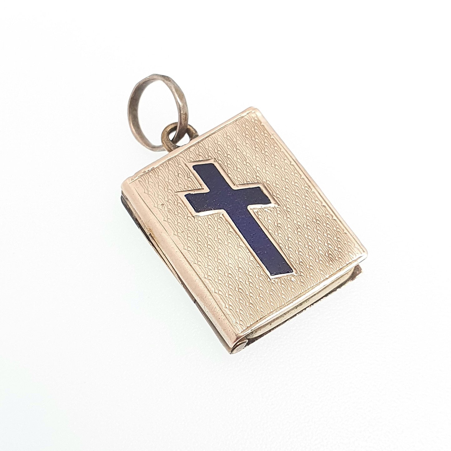 Antique 9ct 9k Gold Book Locket Pendant Victorian Crucifix Blue Enamel Solid 375 Back & Front Picture Photo Vintage Necklace