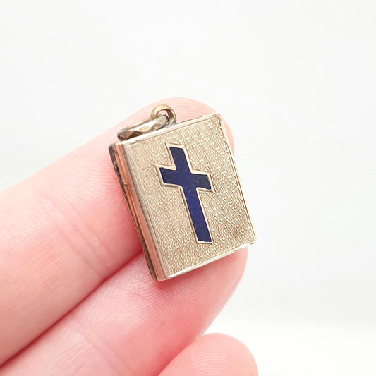 Antique 9ct 9k Gold Book Locket Pendant Victorian Crucifix Blue Enamel Solid 375 Back & Front Picture Photo Vintage Necklace