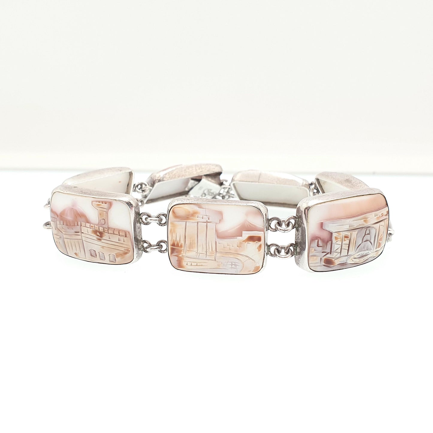 Vintage Sterling Silver Cameo Bracelet Handmade Italian Shell Hand Carved Solid 925 21.32g Womens Italy Jewelry Jewellery