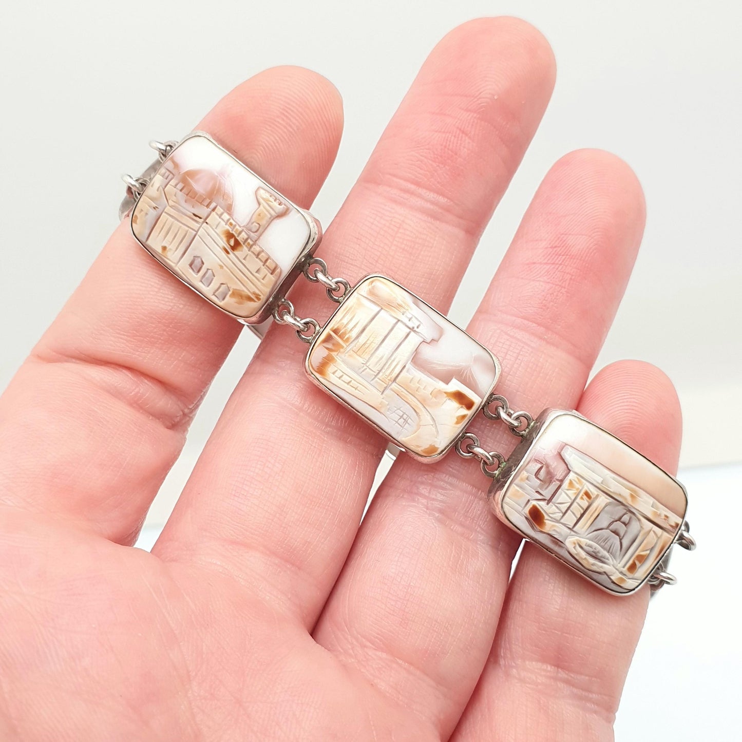 Vintage Sterling Silver Cameo Bracelet Handmade Italian Shell Hand Carved Solid 925 21.32g Womens Italy Jewelry Jewellery