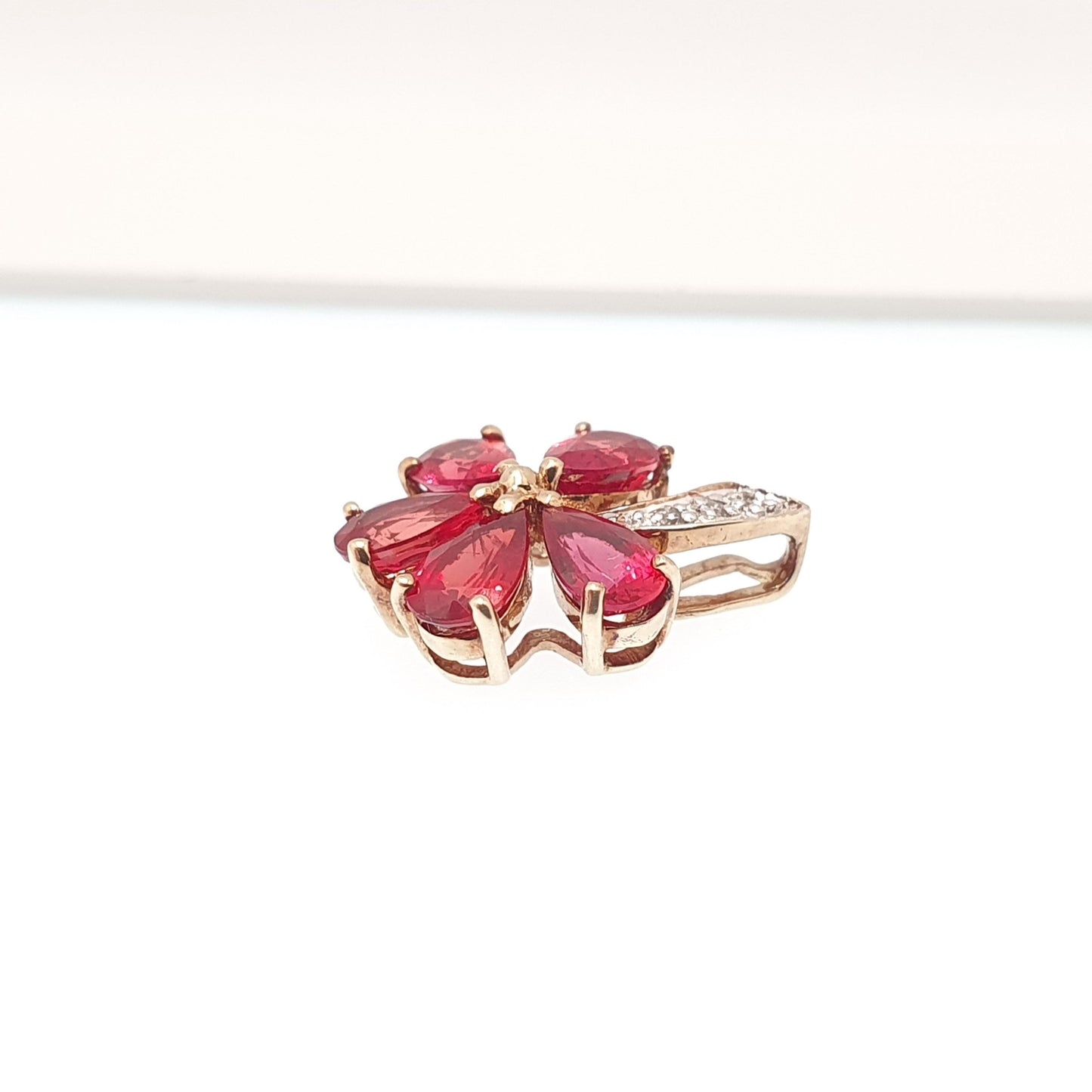 Vintage 9k 9ct Gold Ruby & Diamond Necklace Pendant Flower Shape Solid 375 Womens Jewelry Retro Jewellery