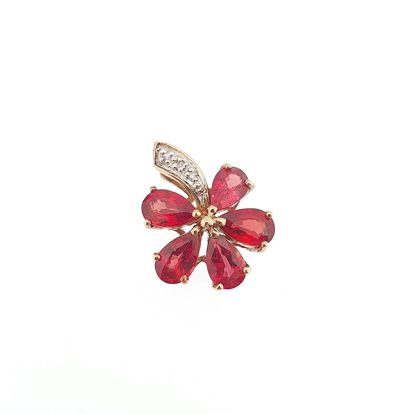 Vintage 9k 9ct Gold Ruby & Diamond Necklace Pendant Flower Shape Solid 375 Womens Jewelry Retro Jewellery
