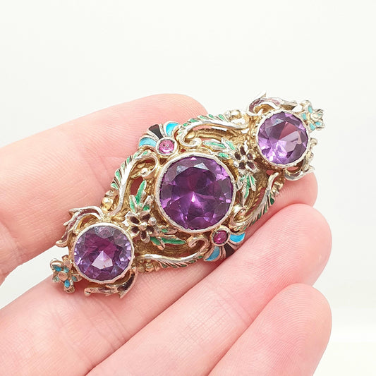 Antique Color Change Sapphire Austro Hungarian Brooch Solid Silver Gold Vermeil Colour Ruby Enamel Blue Purple Vintage Jewelry Jewellery