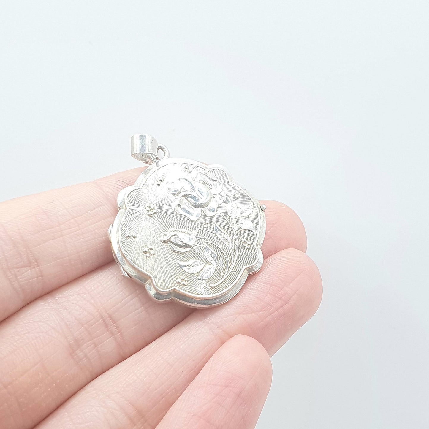 Vintage Sterling Silver Rose Locket Flower Embossed Sunburst Pattern Necklace Pendant Photo Gift Jewelry Womens Jewellery Ladies Large