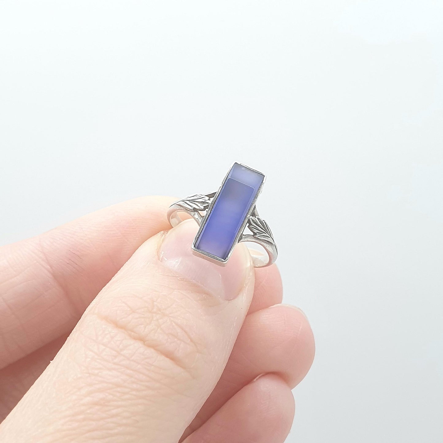 Antique Solid Silver Blue Chalcedony Ring Leaf Shoulder Blue Quartz Gemstone Rectangular Cut Unisex Womens Jewellery Jewelry