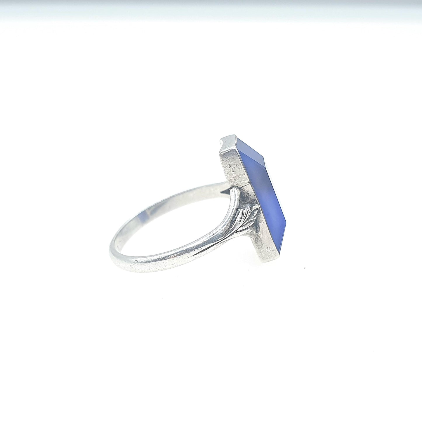 Antique Solid Silver Blue Chalcedony Ring Leaf Shoulder Blue Quartz Gemstone Rectangular Cut Unisex Womens Jewellery Jewelry