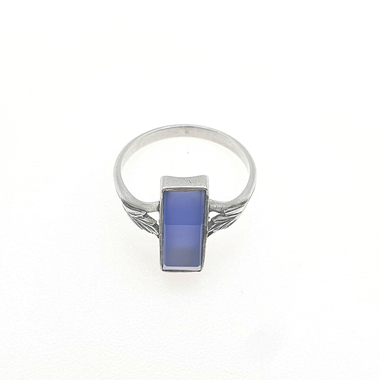 Antique Solid Silver Blue Chalcedony Ring Leaf Shoulder Blue Quartz Gemstone Rectangular Cut Unisex Womens Jewellery Jewelry