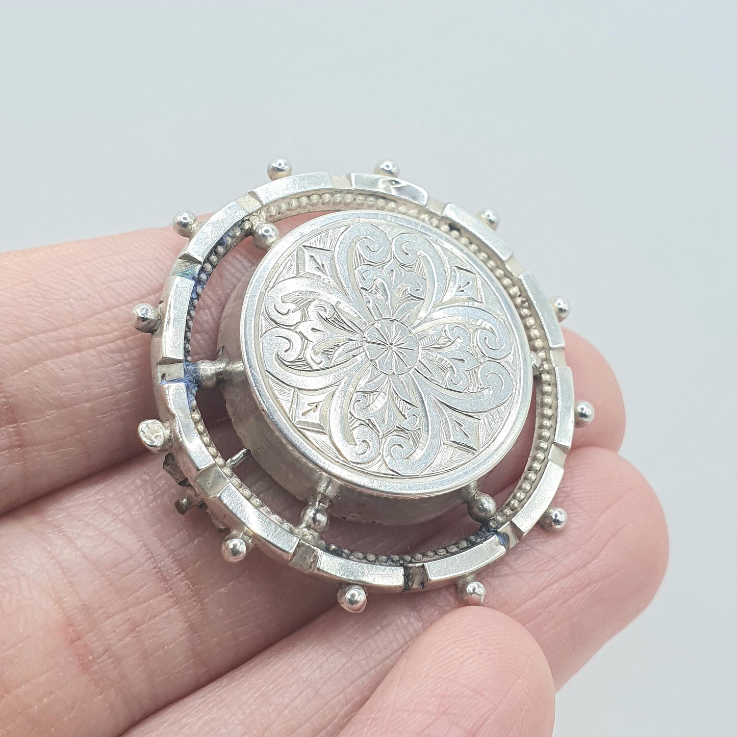 Antique Victorian Solid Silver Brooch Etruscan Wheel Shape Engraved Centre Womens Mens 1800s Vintage Jewelry Jewellery