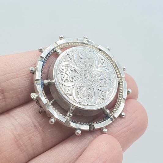 Antique Victorian Solid Silver Brooch Etruscan Wheel Shape Engraved Centre Womens Mens 1800s Vintage Jewelry Jewellery