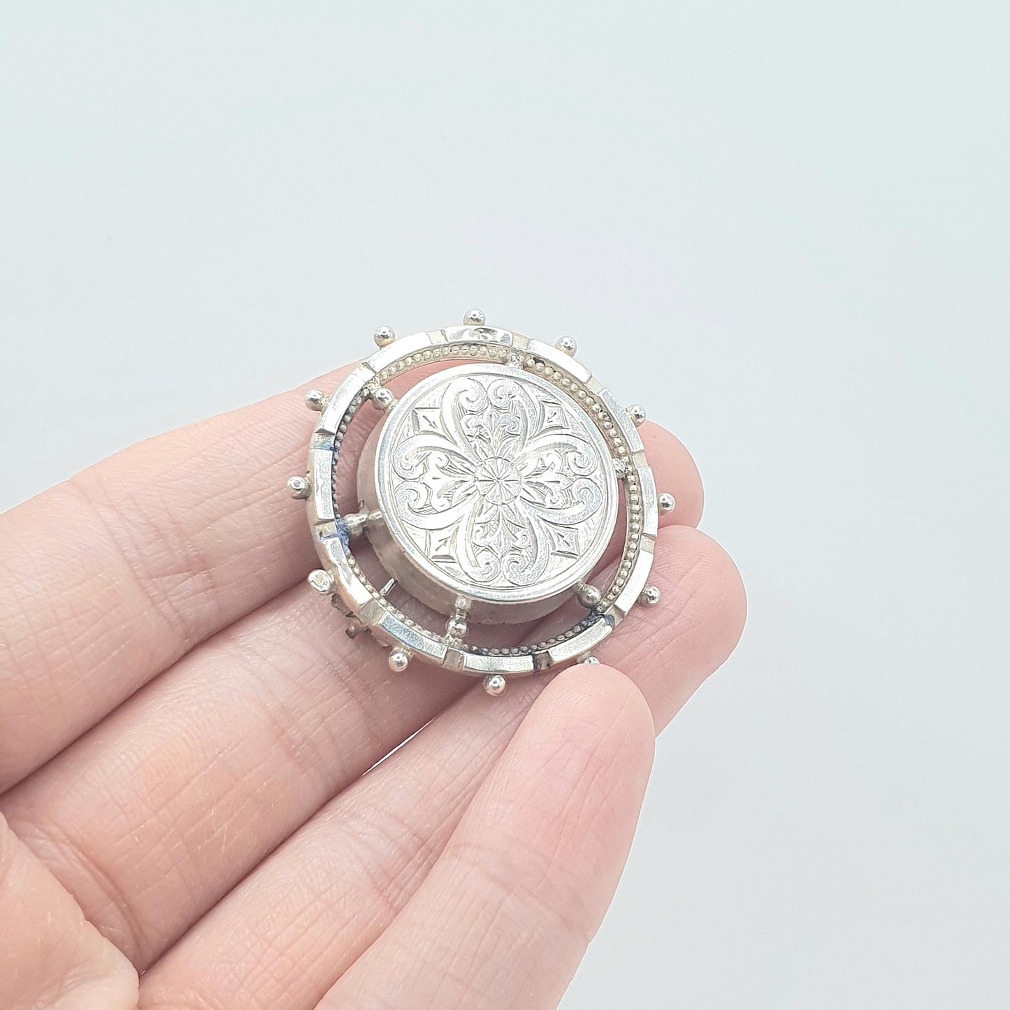 Antique Victorian Solid Silver Brooch Etruscan Wheel Shape Engraved Centre Womens Mens 1800s Vintage Jewelry Jewellery