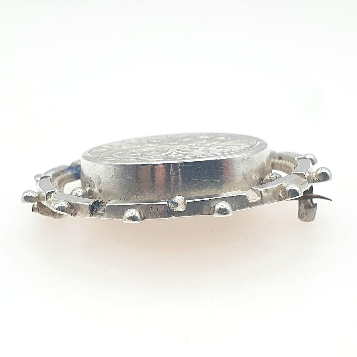 Antique Victorian Solid Silver Brooch Etruscan Wheel Shape Engraved Centre Womens Mens 1800s Vintage Jewelry Jewellery
