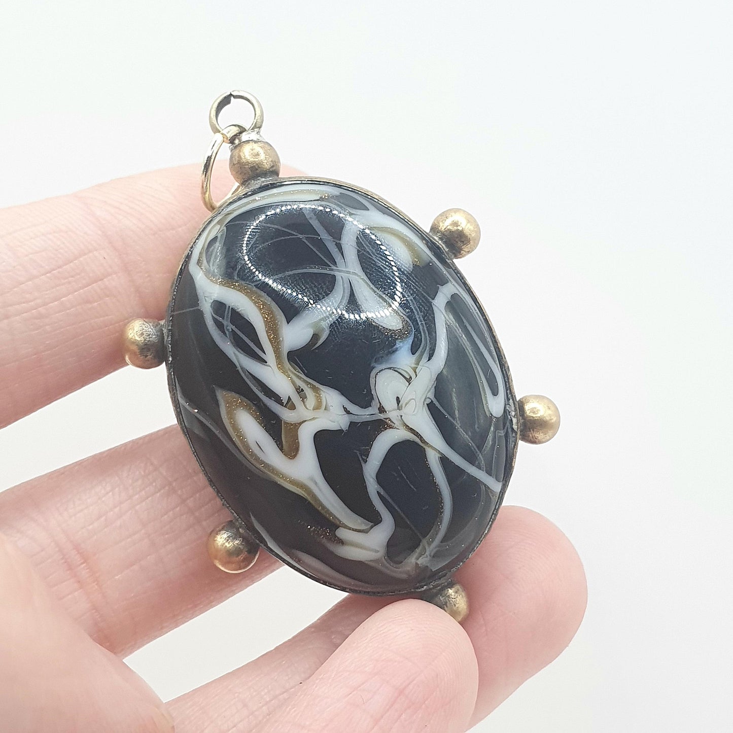 Antique Victorian Murano Glass Pendant Black & White Venetian Gold Tone Base Metal Beaded Border Jewelry Jewellery Mens Unisex Womens