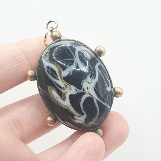 Antique Victorian Murano Glass Pendant Black & White Venetian Gold Tone Base Metal Beaded Border Jewelry Jewellery Mens Unisex Womens