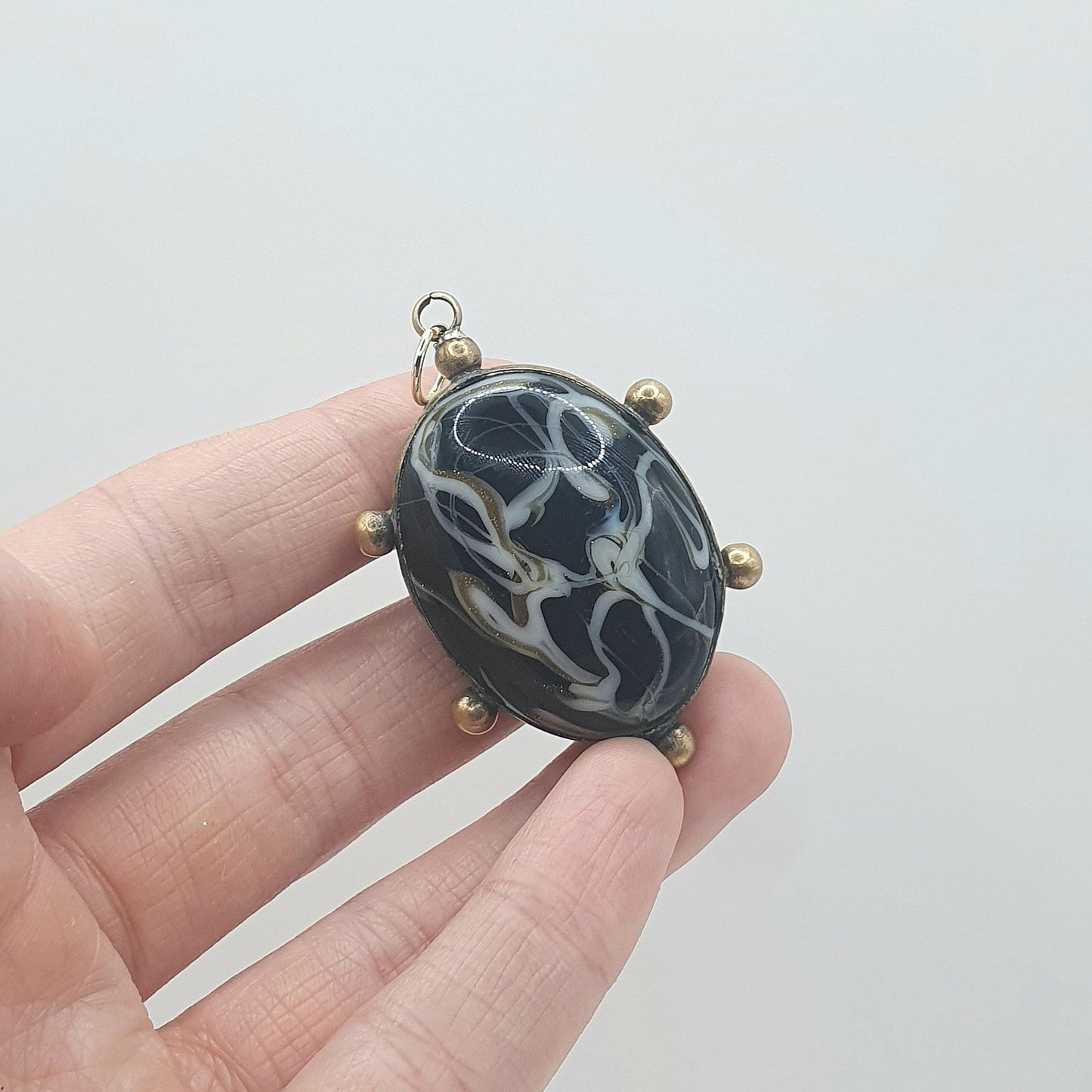 Antique Victorian Murano Glass Pendant Black & White Venetian Gold Tone Base Metal Beaded Border Jewelry Jewellery Mens Unisex Womens