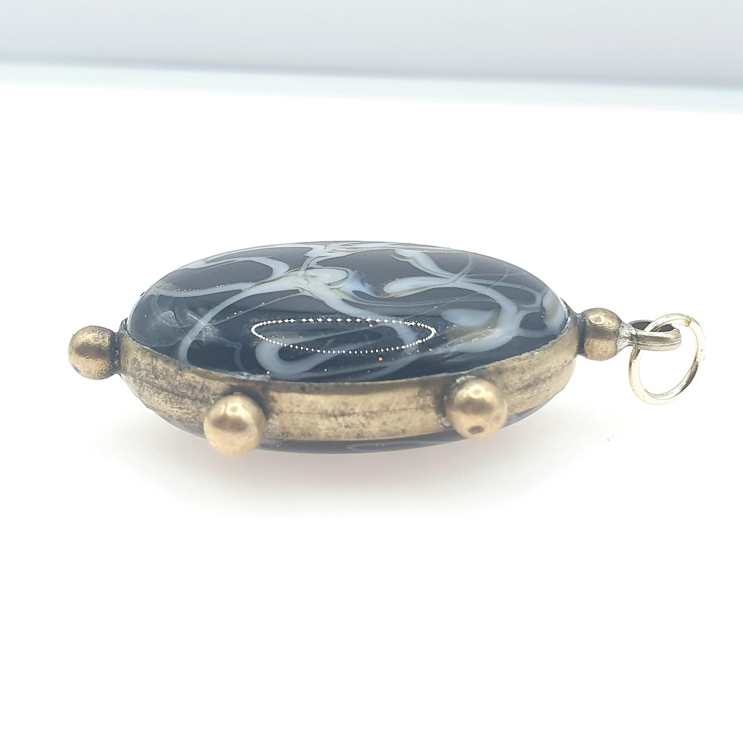Antique Victorian Murano Glass Pendant Black & White Venetian Gold Tone Base Metal Beaded Border Jewelry Jewellery Mens Unisex Womens