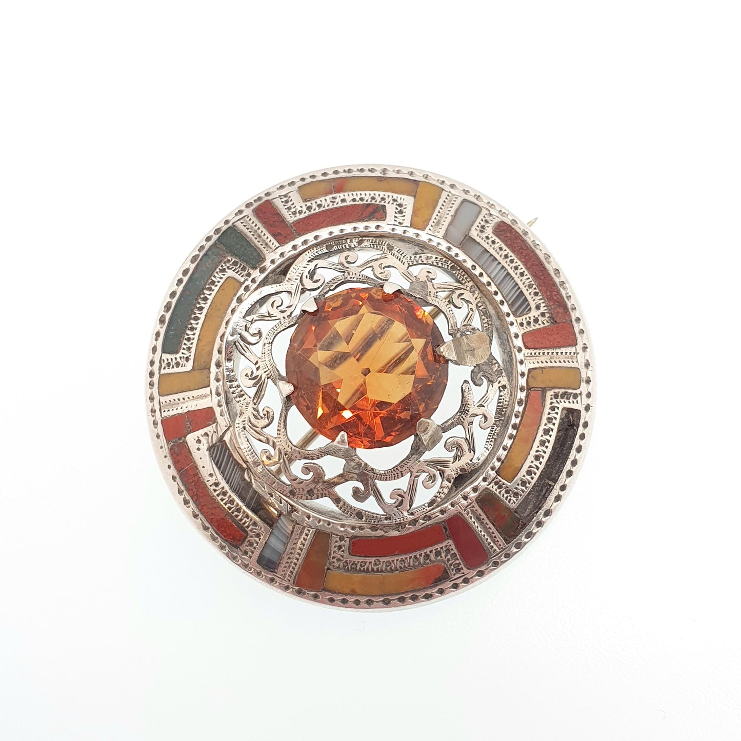 Antique Scottish Sterling Silver Citrine Brooch Pin Bloodstone Red  Jasper Victorian Gemstone Jewelry Jewellery Vintage