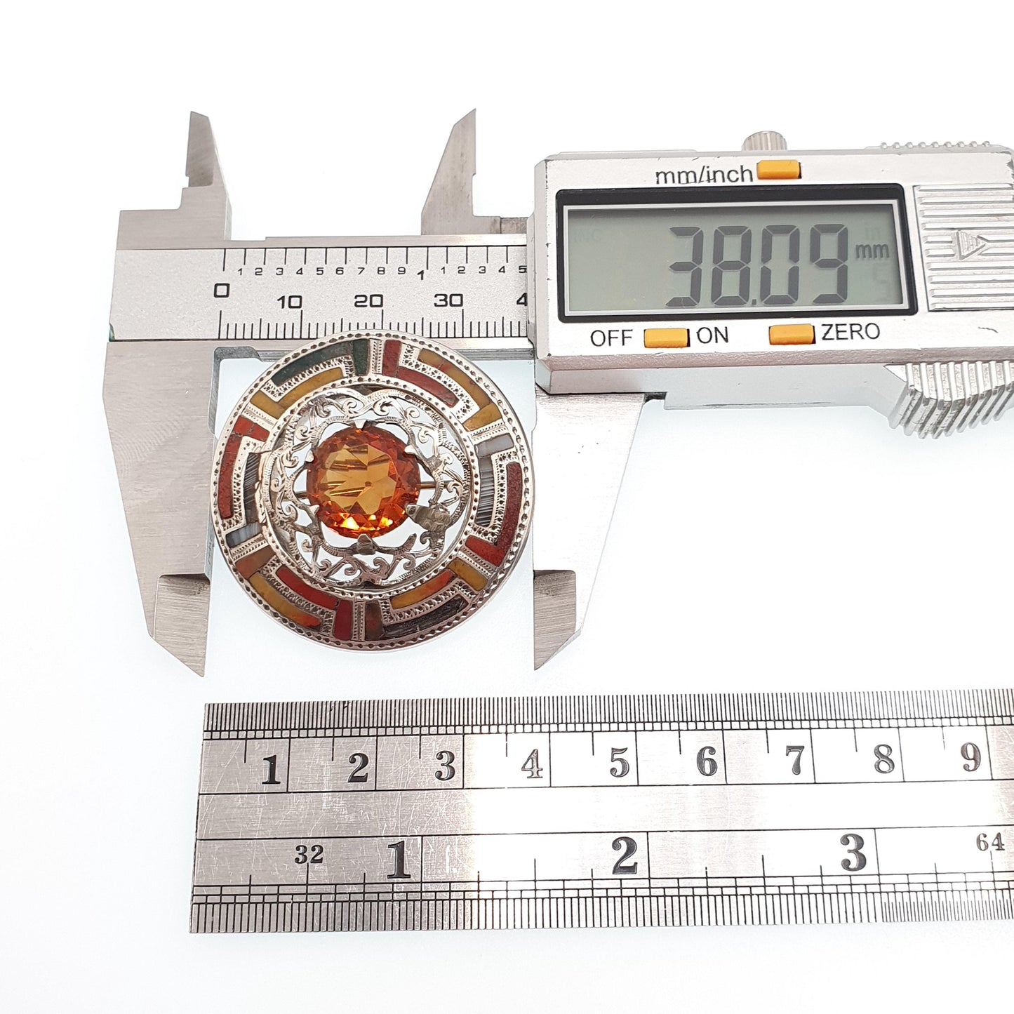 Antique Scottish Sterling Silver Citrine Brooch Pin Bloodstone Red  Jasper Victorian Gemstone Jewelry Jewellery Vintage
