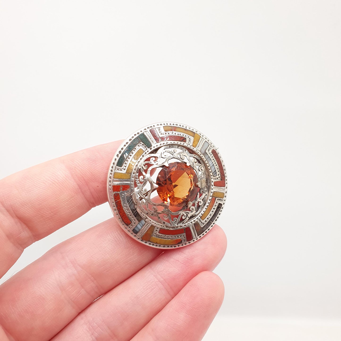 Antique Scottish Sterling Silver Citrine Brooch Pin Bloodstone Red  Jasper Victorian Gemstone Jewelry Jewellery Vintage
