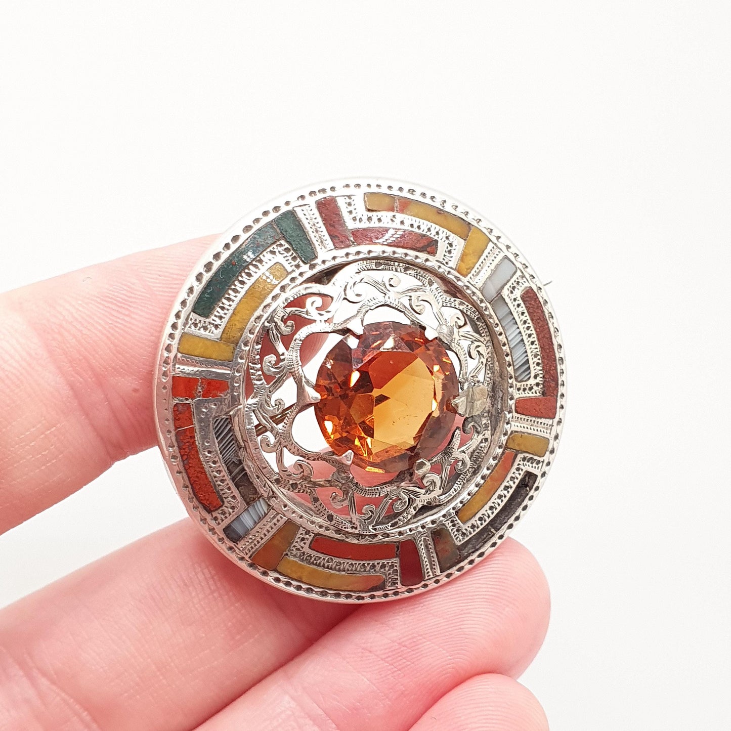 Antique Scottish Sterling Silver Citrine Brooch Pin Bloodstone Red  Jasper Victorian Gemstone Jewelry Jewellery Vintage