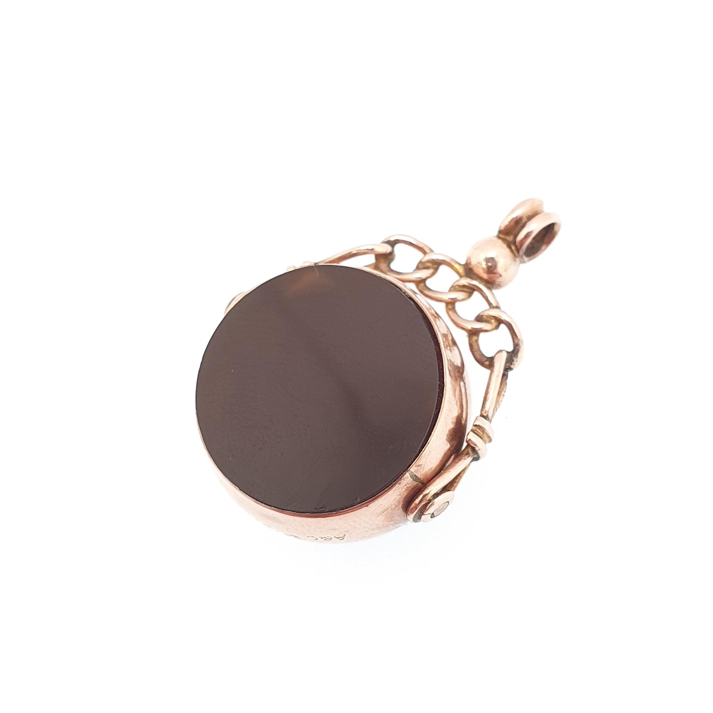 Antique 9ct 9k Rose Gold Bloodstone Spinner Fob Pendant Round 1904 Hallmark Carnelian Necklace Albert Vintage