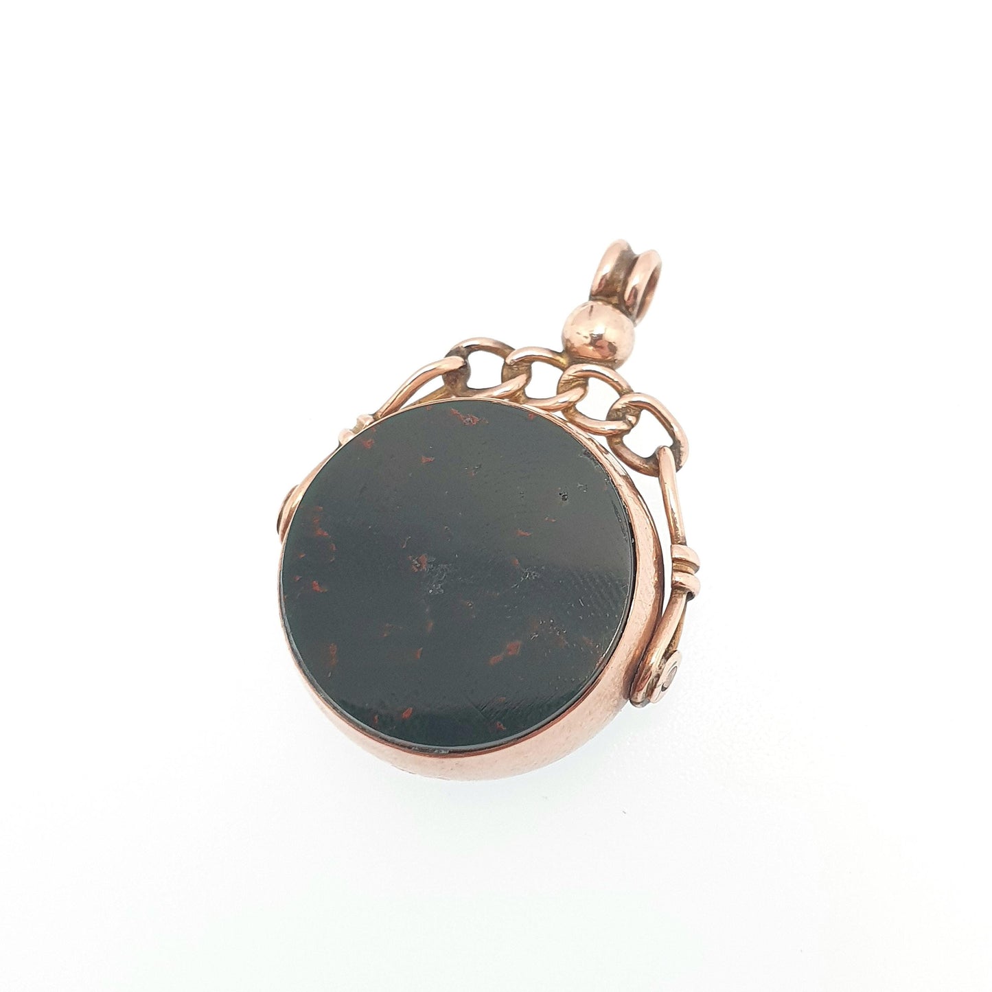 Antique 9ct 9k Rose Gold Bloodstone Spinner Fob Pendant Round 1904 Hallmark Carnelian Necklace Albert Vintage