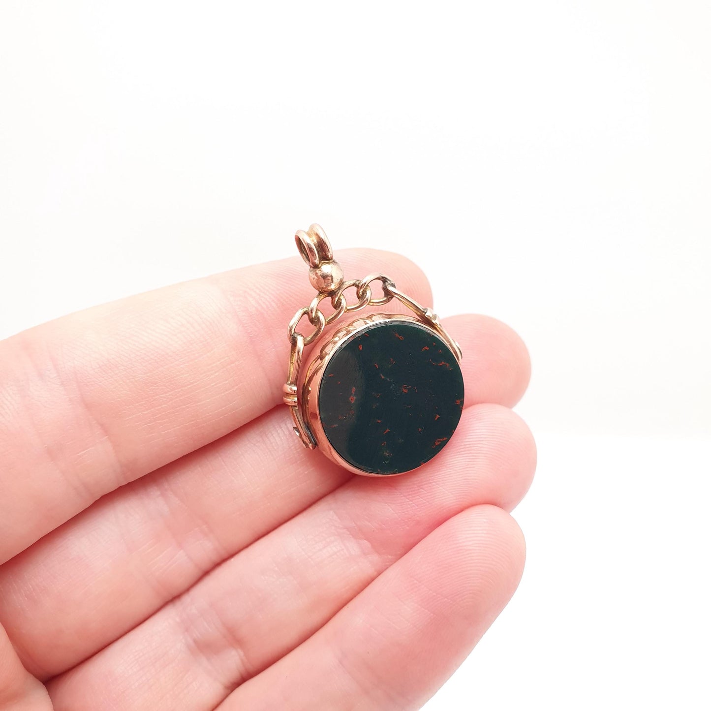 Antique 9ct 9k Rose Gold Bloodstone Spinner Fob Pendant Round 1904 Hallmark Carnelian Necklace Albert Vintage