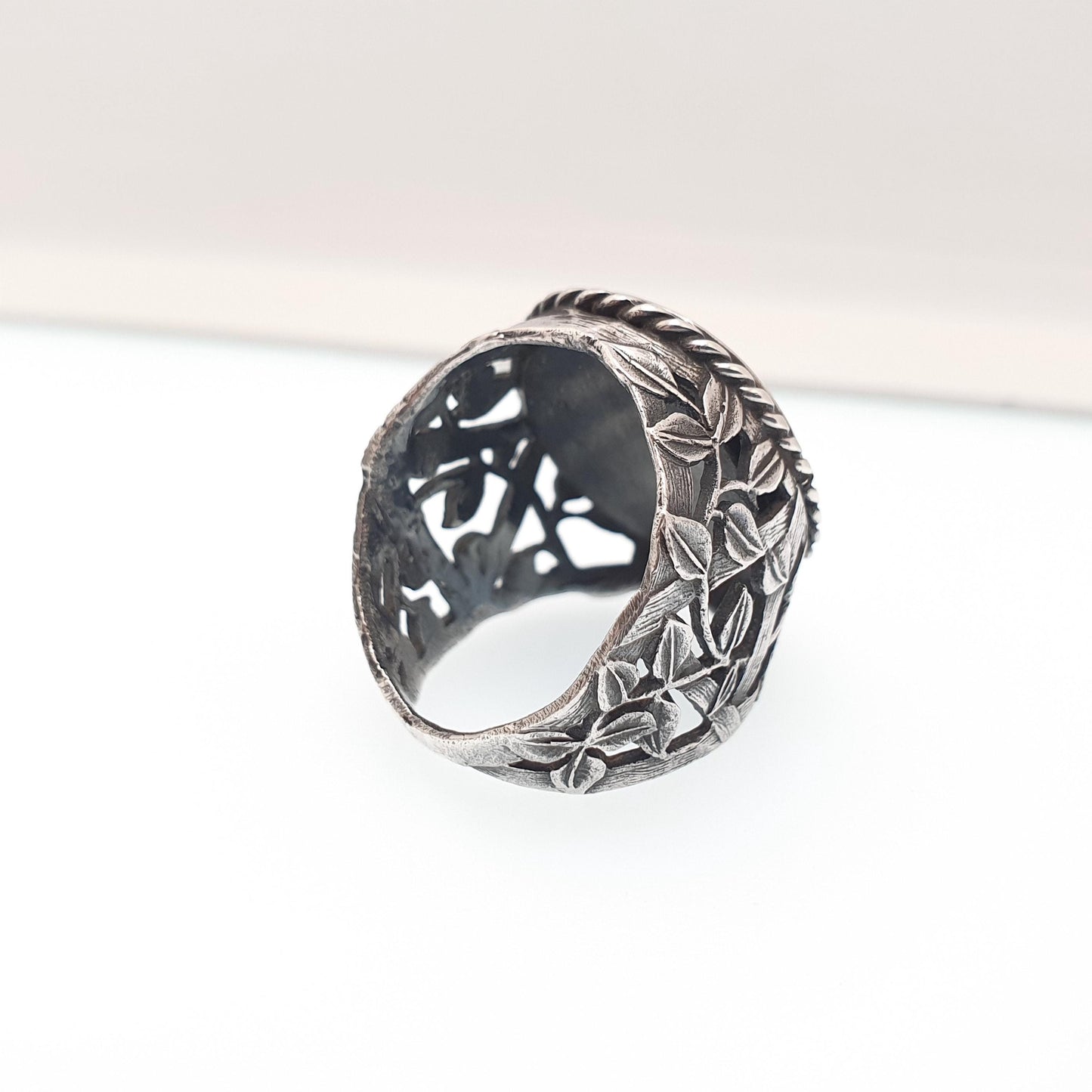 Antique Blue John Solid Silver Ring Victorian Arts And Crafts Oval Solitaire Signet 1920s Bleu Jaune Fluorite Gemstone Jewelry Jewellery