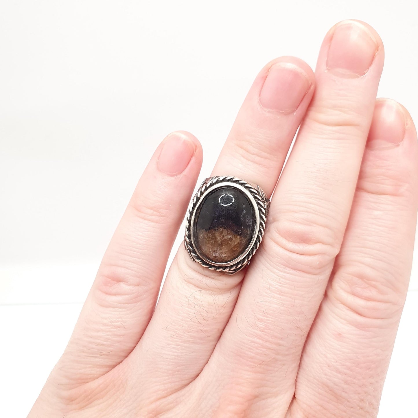 Antique Blue John Solid Silver Ring Victorian Arts And Crafts Oval Solitaire Signet 1920s Bleu Jaune Fluorite Gemstone Jewelry Jewellery