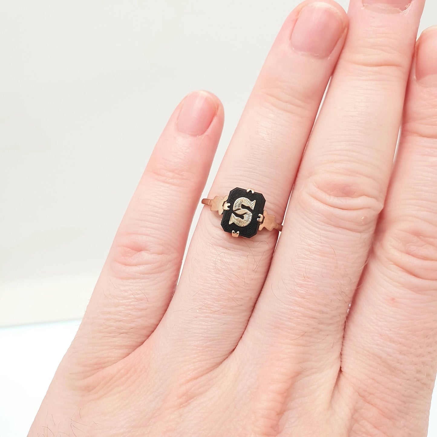 Antique 9ct Gold "S" S Initial Ring Art Deco Onyx Gemstone Signet Rectangular Letter Name Solid 9k 9kt Vintage Jewelry Jewellery