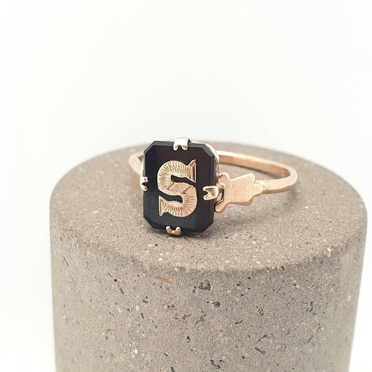 Antique 9ct Gold "S" S Initial Ring Art Deco Onyx Gemstone Signet Rectangular Letter Name Solid 9k 9kt Vintage Jewelry Jewellery