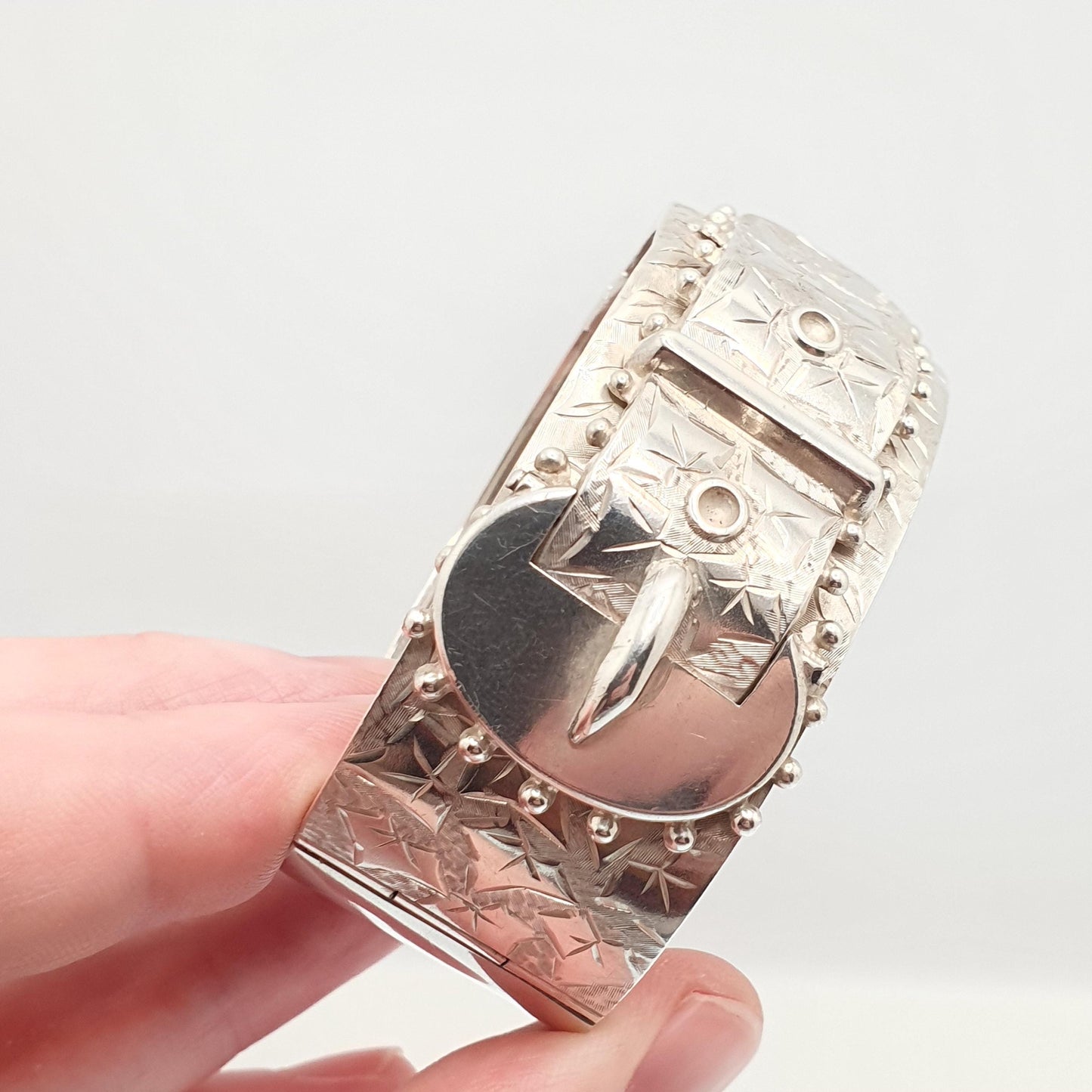Antique Victorian Sterling Silver Buckle Bracelet Snap Bangle 1886 Hallmark 35.61g Belt Hand Engraved Fine Estate 1800s Belt Vintage Womens