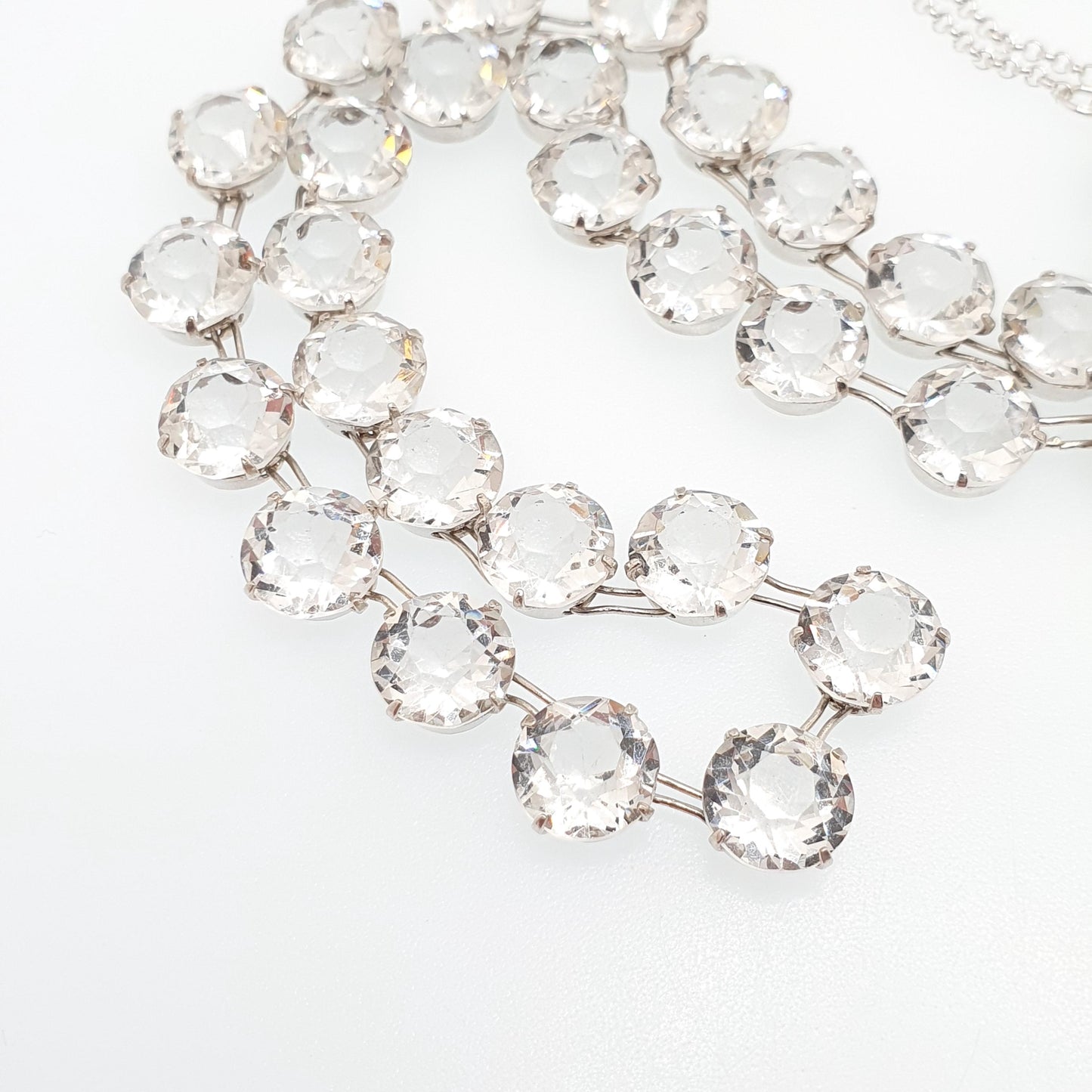 Antique Sterling Silver Diamond Paste Riviera Necklace White Pastes Round Cut Art Deco Cocktail Sparkly Womens Vintage Jewelry Jewellery