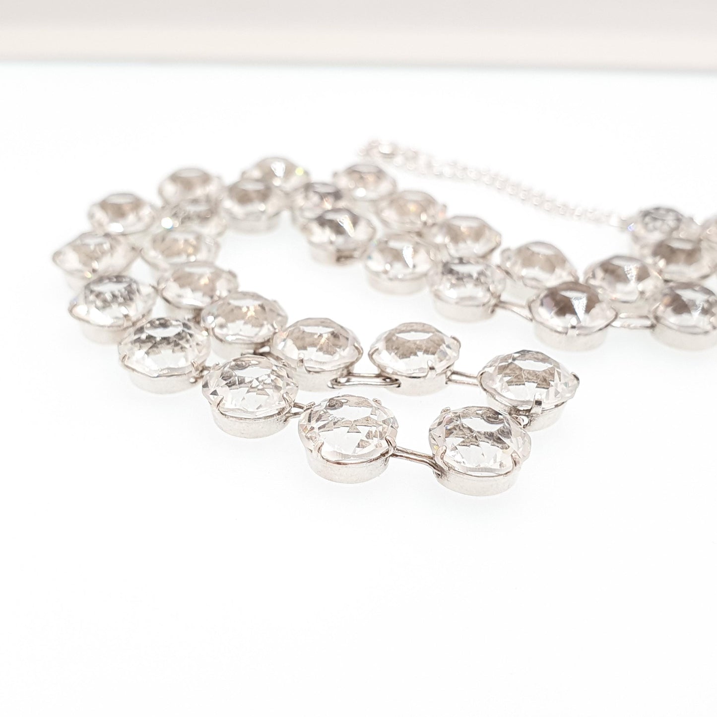 Antique Sterling Silver Diamond Paste Riviera Necklace White Pastes Round Cut Art Deco Cocktail Sparkly Womens Vintage Jewelry Jewellery