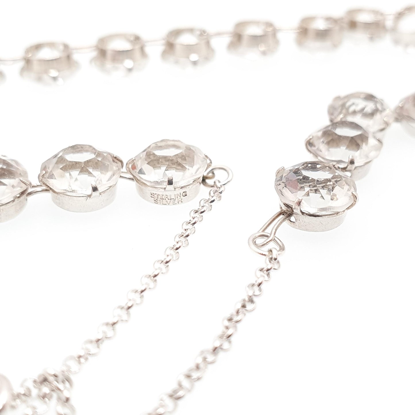 Antique Sterling Silver Diamond Paste Riviera Necklace White Pastes Round Cut Art Deco Cocktail Sparkly Womens Vintage Jewelry Jewellery